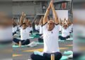 Rajnath Singh and Chief of Naval Staff Admiral R Harikumar joined naval and defence personnel onboard INS Vikrant for International Day of Yoga celebrations